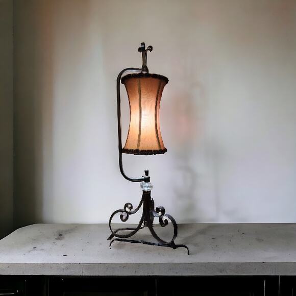 Unique Black Metal Lamp with Tan Fabric Shade Large Table Lamp 29" Tall Nice - Picture 5 of 7